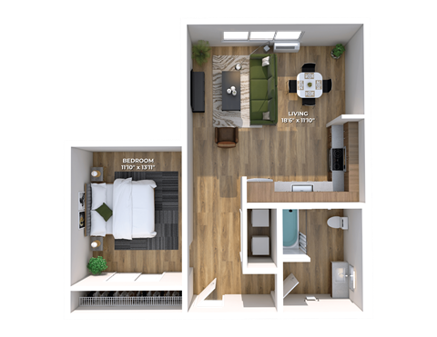 Floor plan for 1 bed, 1 bath, 722 sqft